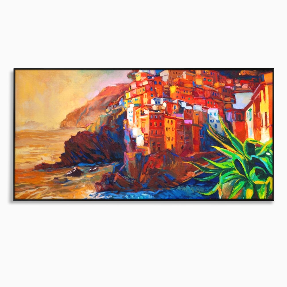 Tablou canvas cu tablou canvas cu oras pe stanci, in rama de aluminiu negru